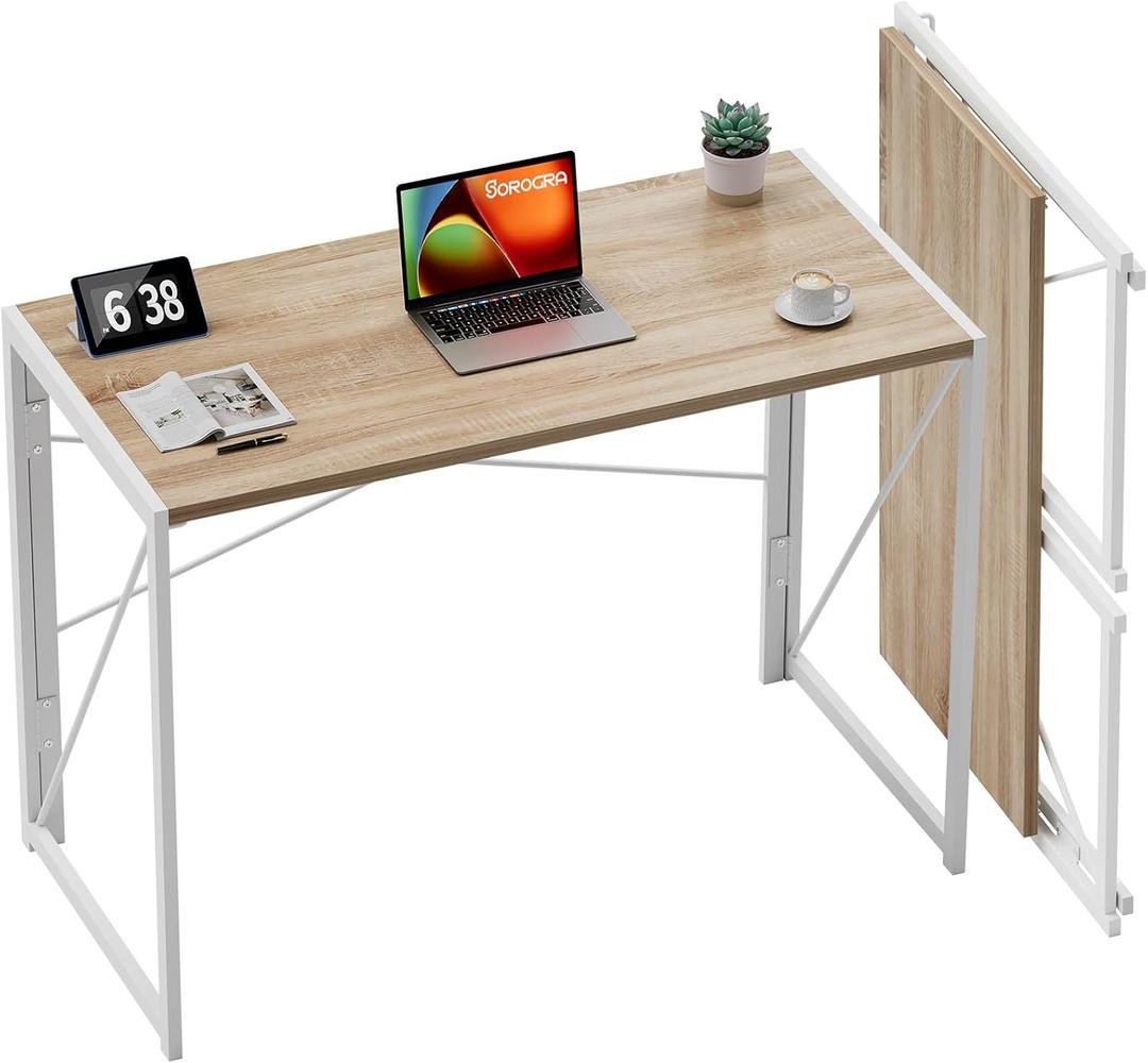 Coavas Small Folding Desk 39.4 inch Foldable Computer Desks, Spaces Saving Writing Table for Bedroom, Home Office, Dorm, Apartment, Kids, White Oak