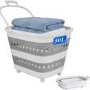 50L Collapsible Plastic Laundry Basket Hamper with Wheels, Foldable Laundry Basket with Handles, Pop Up Storage Container Organizer for Washing Storage