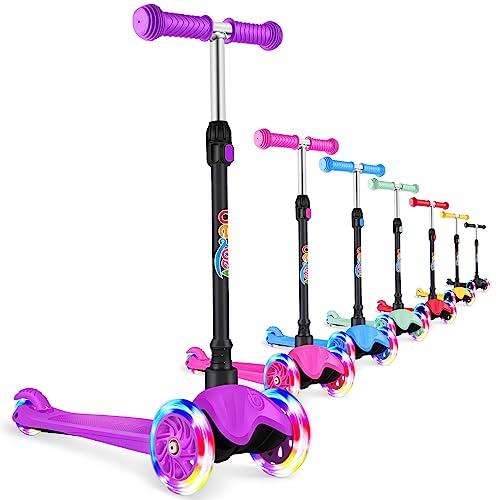 BELEEV A1 Scooter for Kids Ages 2-6, 3 Wheel Scooter with Light-Up Wheels, Non-Slip Deck, Adjustable Handlebar Height, Lean to Steer, Wide Platform, Purple