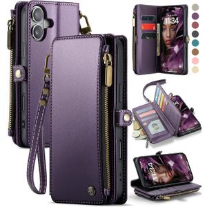 Defencase Compatible with iPhone 16 Plus Case Wallet with RFID Blocking Card Holder for Women Men, Soft PU Leather Magnetic Snap Flip Zipper Strap Wallet Phone Case Fit for iPhone 16 Plus 6.7", Purple