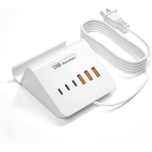 VHBW USB Charging Station, 6 Port 3USB-A and 3USB-C Charging Station for Multiple Devices, Multi USB Nightstand Charger Station with Phone Stand (ETL Listed, 6Ft Extension Cord, White)