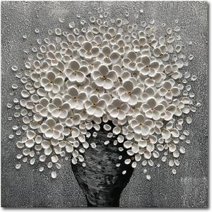 100% Hand-Painted White Flower Art Oil Painting, Modern Home Furnishing Canvas Painting Decoration, 3D Abstract Mural Painting,24x24 inch Frame Wall Art Hanging (Eft003)