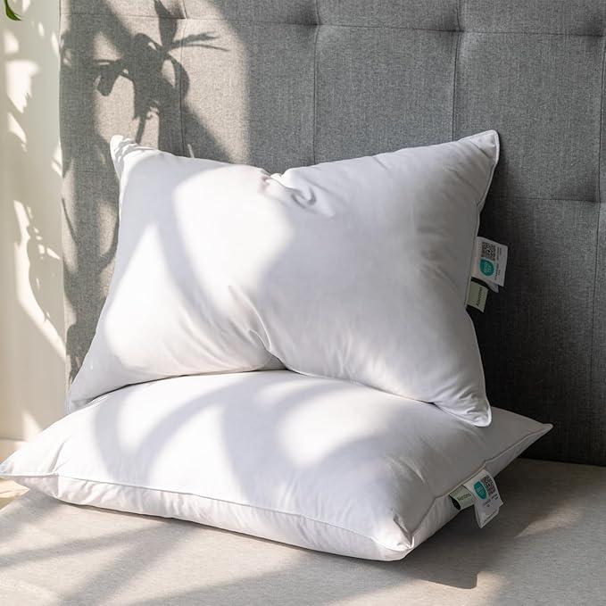 OEKO TEX Goose Feather Down Pillows Queen Size, Luxury Soft Feather Down Pillow for Sleeping, 600TC 100% Cotton Cover Hotel Collection Bed Pillows for Back, Stomach or Side Sleepers 20"x28"