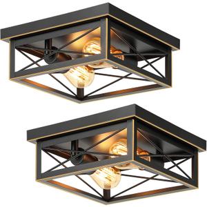 Brushed Gold Hallway Light Fixtures Ceiling, 2-Light Farmhouse Industrial Flush Mount Ceiling Lights, 2-Pack Metal Kitchen Light Fixtures, Close to Ceiling Lights for Bedroom Living Room Entryway