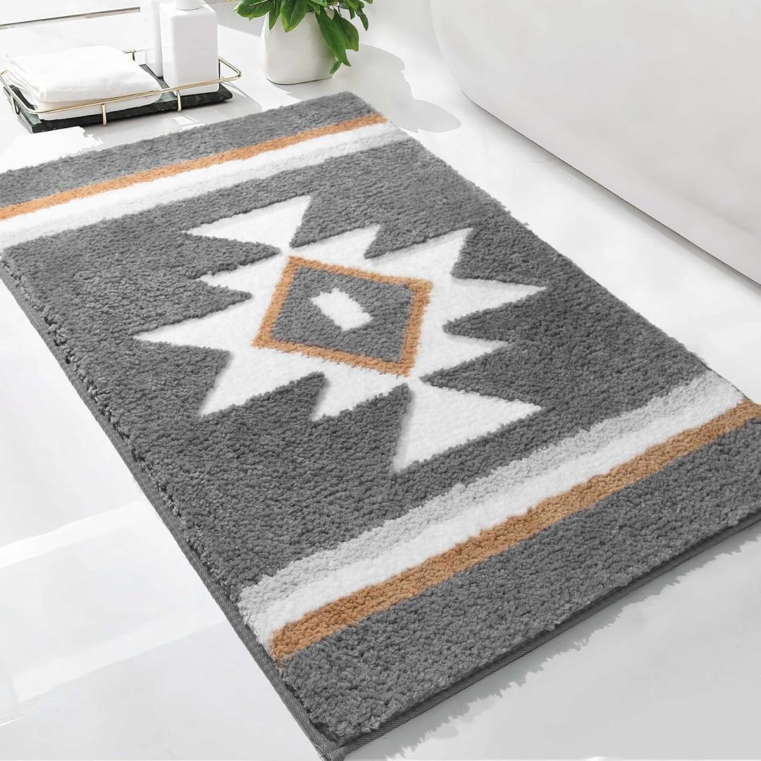 Boho Bathroom Rugs Grey Bath Mat Non Slip Soft Absorbent Bath Rug, Western Geometric Luxury Plush Floor Mat for Farmhouse Bathroom Shower Kitchen Modern Decor, 24x36