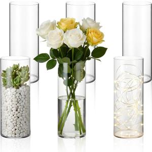6 Pcs 10 Inch Plastic Clear Cylinder Vase for Home Acrylic Flower Clear Vase Centerpiece for Centerpieces Wedding Party Decorations Opening Round