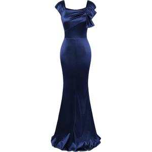 MUXXN Women 50s Style Retro Cap Sleeve Square Neck Satin Evening Cocktail Wedding Guest Long Maxi Dress S
