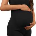 AIBIANOCEL Women's Maternity Bodysuit Pregnancy Shapewear Sleeveless Tank Top Shorts Ribbed Romper Jumpsuit (S, Black)