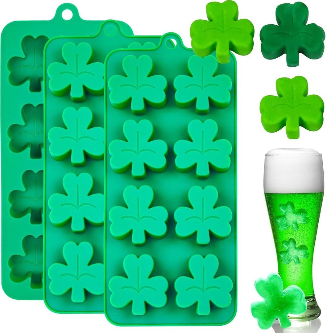 3 pcs Shamrock Silicone Mold, St Patrick's Day Chocolate Mold Shamrock Candy Mold Holiday Ice Cube Mold Cake Pan for Cupcake Decor Butter Jello Crayon Candy Fondant Polymer Clay Candle Wax Melts Craft