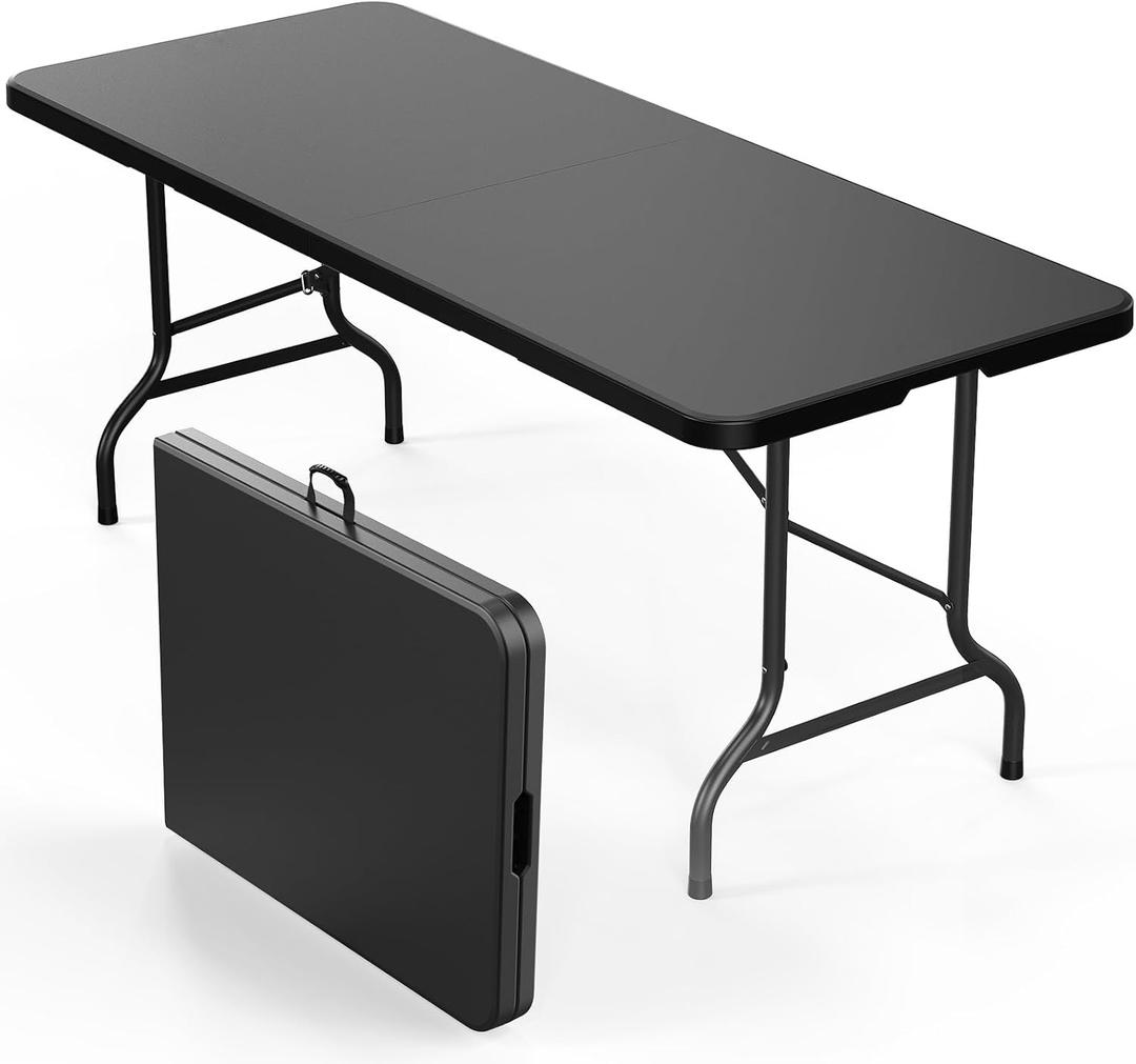 Bonnlo Folding Table 6ft, Portable Collapsible Plastic Black Long Tables for Party, Camping, Banquet, Craft, Dining, Wedding, Outdoor and Indoor Use