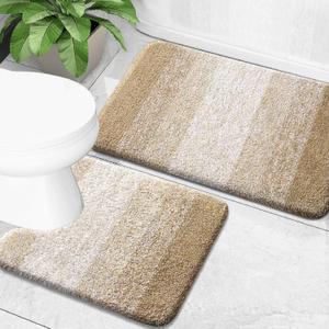OLANLY Bathroom Rug Set 2 Piece, Soft Absorbent Microfiber Bath Mats and U-Shaped Contour Toilet Rug, Non-Slip, Machine Wash Dry, Plush Shaggy Bath Mats for Bathroom (24"x16"+24"x20", Tan)