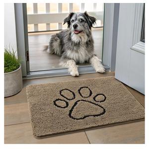 Smiry Dog Door Mat for Muddy Paws, Absorbent Dirt Trapper Non Slip Quick Dry Washable Chenille Mat for Mud Dogs, Entry Rug for Indoor and Outdoor (24x16 Inches, Camel and Black)