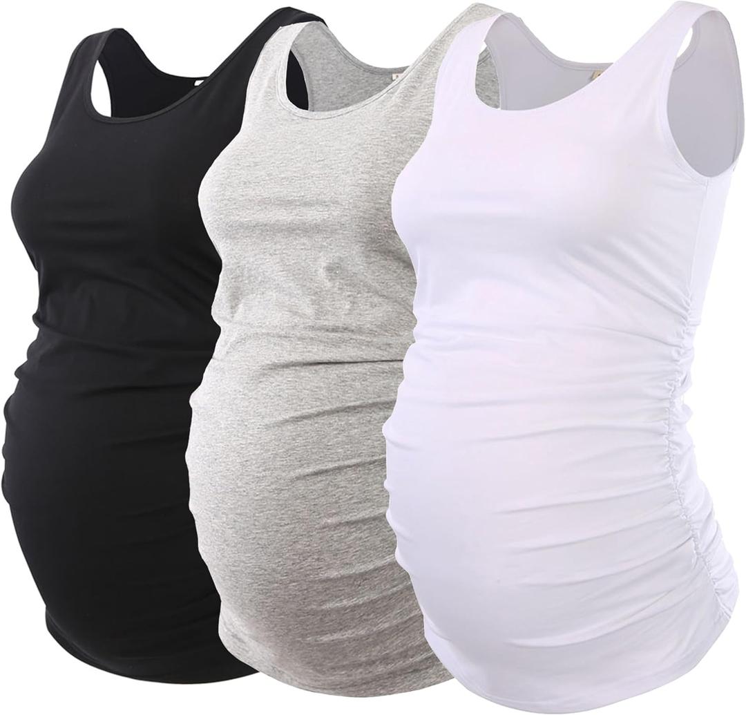 Ecavus 3PCS Womens Layering Maternity Tank Top Pregnancy Shirt Scoop Neck Sleeveless Ruched Vest (XL)