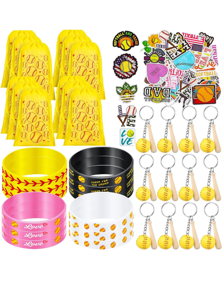 84 Pcs Softball Party Favors Set, Including 10 Softball Drawstring Bags 12 Softball Bracelets 12 Softball Keychain and 50 Softball Stickers Decal Softball Gifts Stuff for Sport Birthday Party Decor