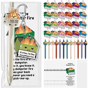24 Sets Dumpster Fire Funny Coworkers Gifts Ballpoint Pens Acrylic Keychains and Bookmarks Social Worker Gifts for Volunteer Nurse Teacher Administrative Professional Office Employee Team