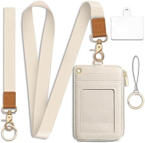 Mavellin Lanyard Wallet with Id Badge Holder, White RFID Small Keychain Wallet Women Wristlet, Minimalist Zipper Credit Card Holder Phone Wrist Neck Strap for Key Name Tag, Teacher Student Office Gift