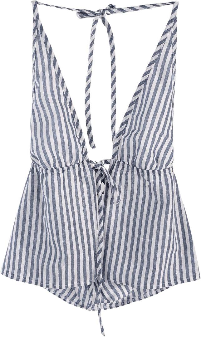 SweatyRocks Women's Sexy Striped Tie Front Halter Tops Sleeveless Drawstring Summer Cami Tops (Light Grey), Small