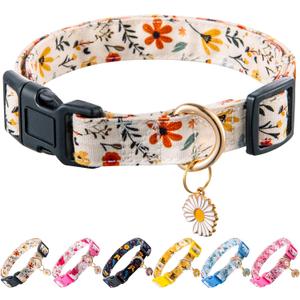 Cotton Dog Collar Beige Flower Pattern for Boys and Girls Cute Dog Collars Summer Fall Gift Adjustable for Medium to Large Breed Dogs (M)