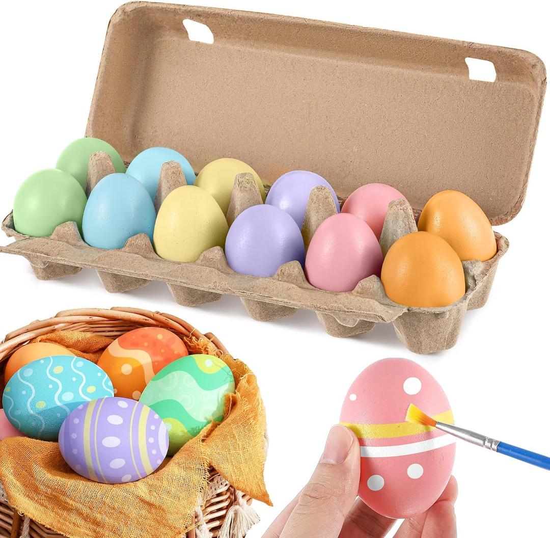 12 Pcs Easter Wooden Eggs for Crafts Easter Colorful Fake Eggs Wooden Pastel Colored Decorative Craft for Spring DIY Decorating Toy Displays, 2.36 x 1.57 Inch(Macaron Color)