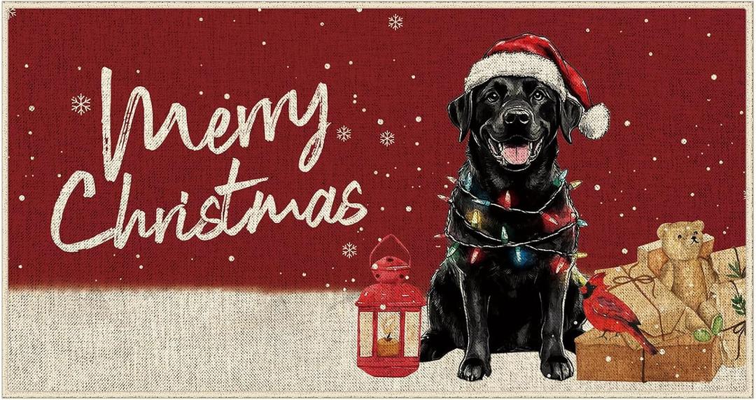 Dlzdn Christmas Black Labrador Dog Door Mat Winter Non-Slip Rubber Backed Entryway Rugs for Indoor Outdoor Entrance Floor 16 x 30 Inch