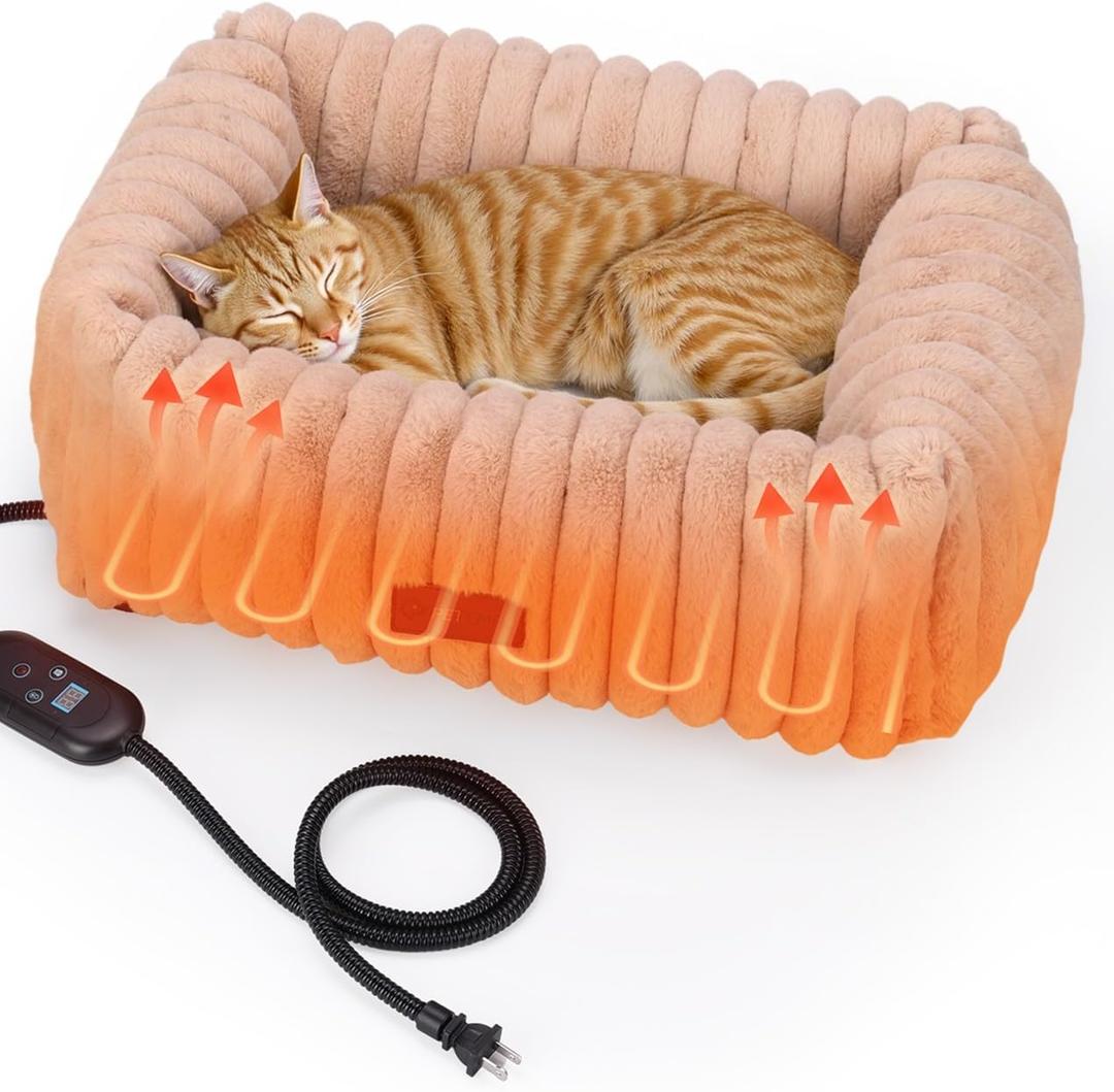 Heated Cat Bed Indoor, Pet Bed with 6 Temperature & 5 Timer Settings, Fluffy Cat Couch with Removable Machine-Washable Cover for Dogs Kitten Puppy in Winter, UL & FCC Certified, Small, Brown (S-22"x14")