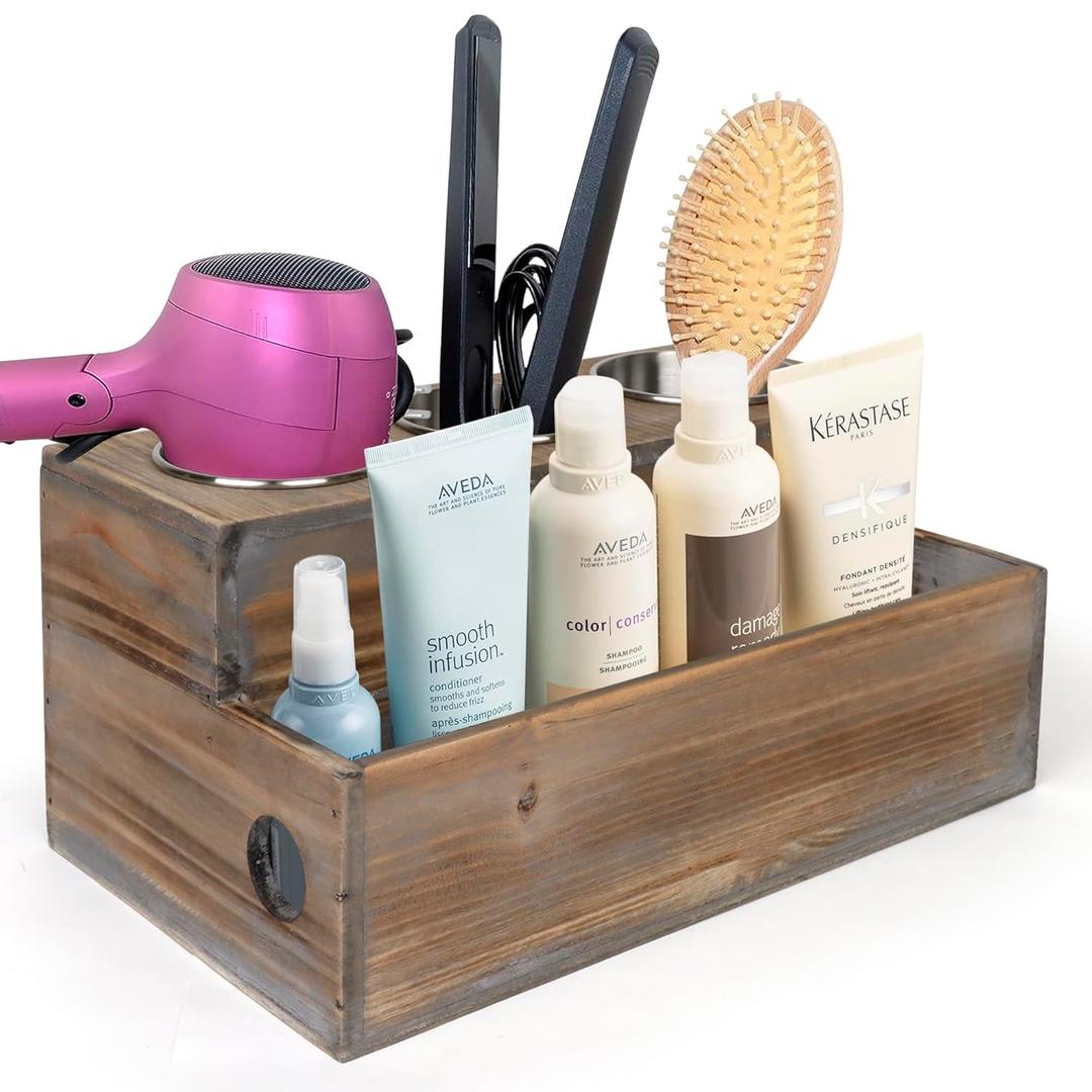 Besti Wooden Hair Dryer Holder  Hair Tools and Styling Supplies Organizer and Storage for Vanity and Bathroom - Natural Elegant Design - Multi-Functional Caddy for Accessories, Makeup, Toiletries (Rustic)