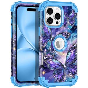 LONTECT for iPhone 16 Pro Max Case Glow in The Dark Three Layer Heavy Duty Shockproof Hard PC+Soft Silicone Rugged Full Body Protective Case for Women Girls,Purple Blue