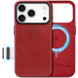 SHIELDON Genuine Leather Case for iPhone 17 Pro 6.3 Inch 2025 | [Updated Camera Button] | Magnetic Wireless Charging, Slim Fit, Non-Slip, Protective Phone Cover with Metal Buttons - Retro Red