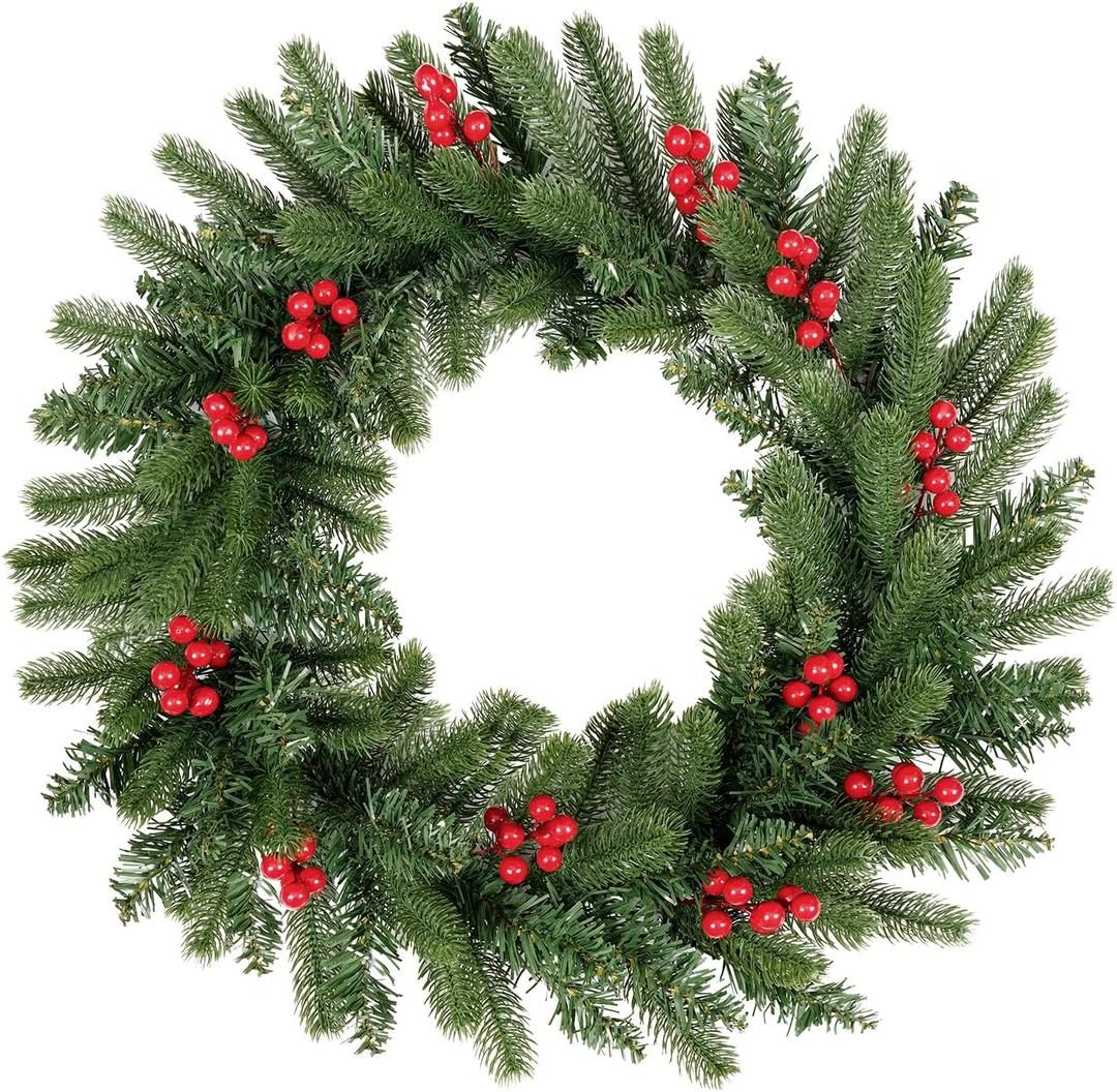 Uten 20 inch Christmas Wreath for Front Door, Winter Wreath Xmas Artificial Decorations with PVC/PE Berries Cones for Indoor Outdoor Garden Gate Home Winter Holiday New Year (Green Red Berries)