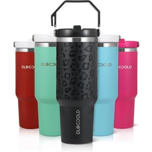 DLOCCOLD 40oz Flip Straw Tumbler with Handle, Insulated Stainless Steel LeakProof Water Bottle, Reusable Tumbler Fits Cup Holders (Black Leopard)