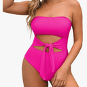 Pink Queen Women Bandeau One Piece Swimsuit Removable Strap Cutout Tie High Waist Bathing Suit Monokini, size L