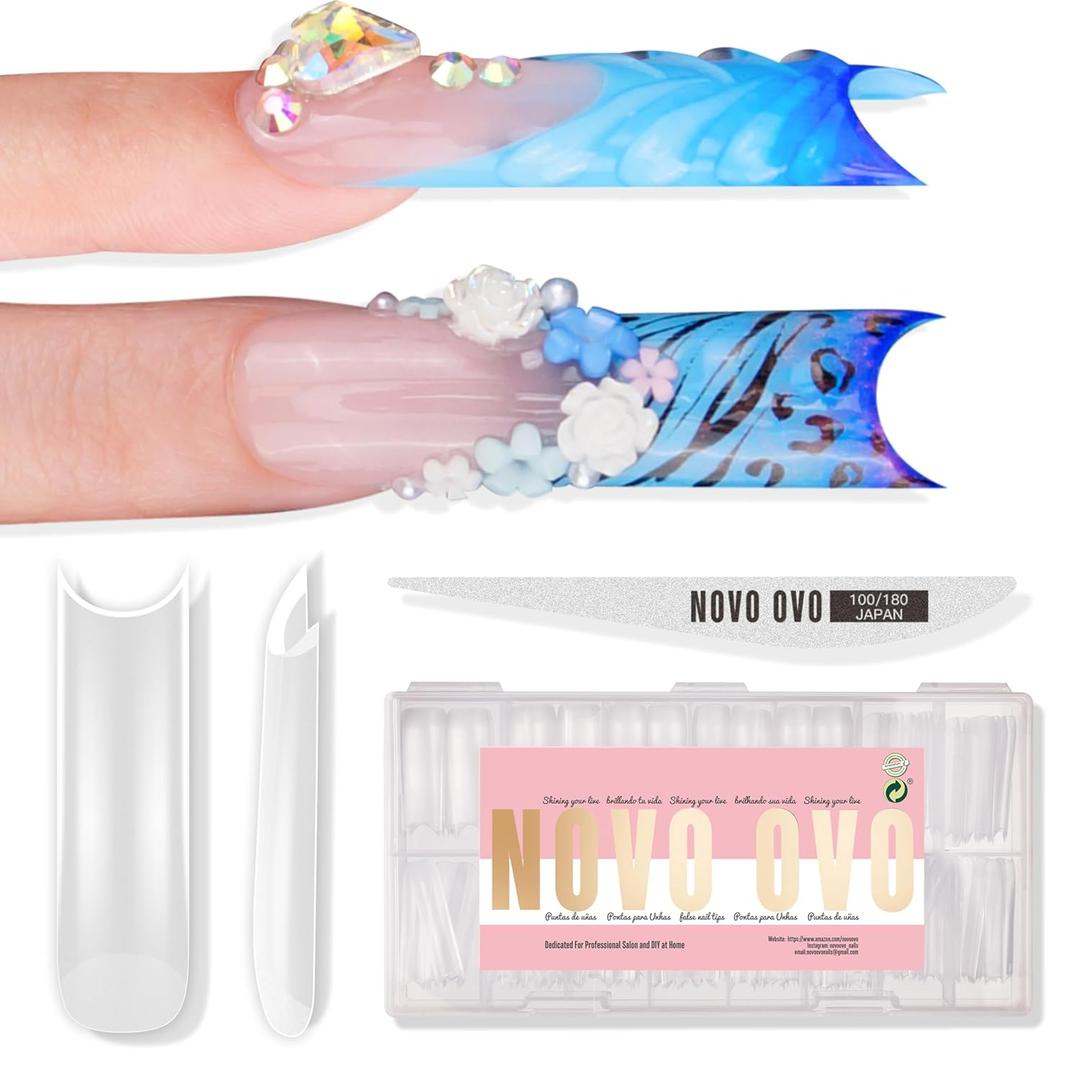 NOVO OVO Halloween XXL Square Nail Tips with Sharp Point & Moon Curve, Extra Thick False Nails Press on, matte Full Cover Soft Gel Extension French Tips Fake Nail Acrylic kit for DIY X 15 Size 180pcs