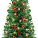 3 Ft Green Christmas Tree with Lights, Timer 8 Modes DIY 50 Warm White Lights Battery Operated Small Artifical Full Xmas Tree Pine Needles Cones Red Berry for Tabletop Home Indoor Holiday Party Decor