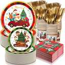 350 PCS Christmas Paper Plates and Napkins Sets, Christmas Tableware Set Includes Disposable Dessert Plates Cups Gold Knives Forks Spoons Disposable Dinnerware Set (50 Guest)