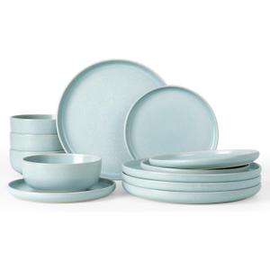 Famiware Milkyway Plates and Bowls Sets, 12 Pieces Dinnerware Sets, Reactive Glaze Dish Set, Stoneware Dishes Set for 4, Light Blue