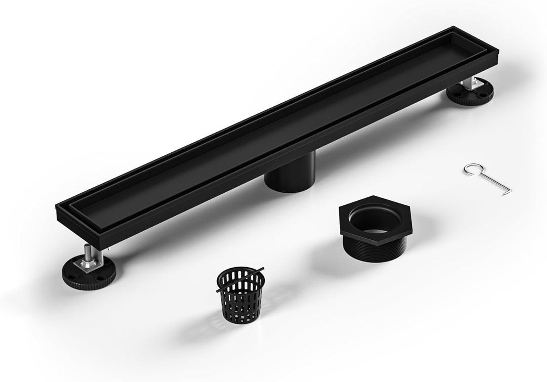 Linear Shower Drain 20" Matte Black 304 Stainless Steel | Fast Drainage | Tile Inserted | Stainless Floor Drain Grate | Hair Strainer | Drain Key | The Upgrade for Your Bathroom