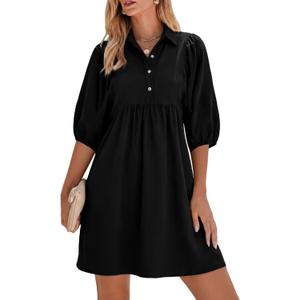 FENSACE Womens Casual Shirt Dress Puff Sleeve Button Down Shift Collared Neck Dresses with Pockets (Black, XL)