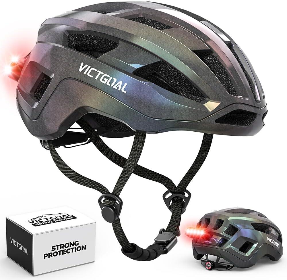 VICTGOAL Road Bike Helmet Adult Men Women with Detachable Magnetic Rear Light, Bicycle Helmet Adjustable Breathable Road Cycling Helmet for Road Mountain Riding (Glitter, L: 57-61 cm)