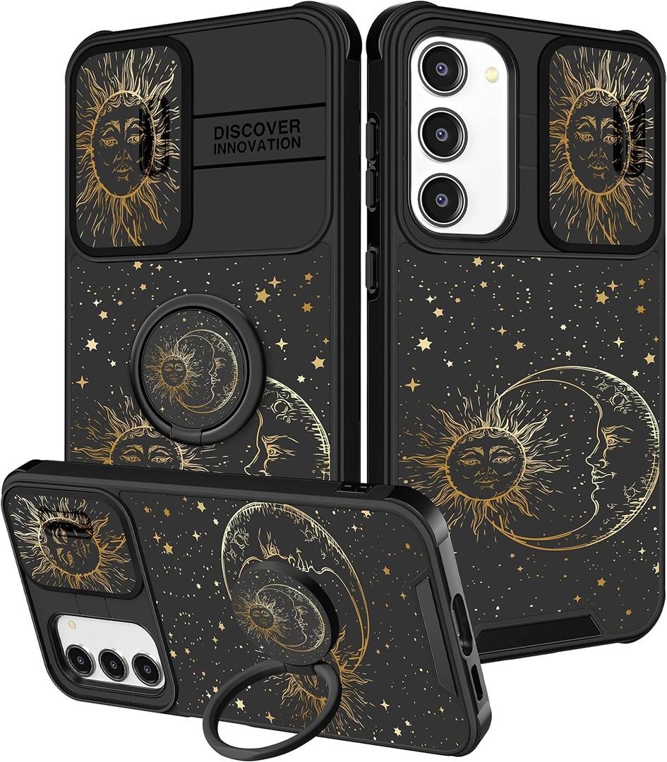 Funermei for Samsung Galaxy S23 Case - Women Cute Girls Cover Sun Moon Stars Fun Funny Girly Kawaii Aesthetic Cool Black Design with Camera Cover Ring Stand for Samsung S23 Case
