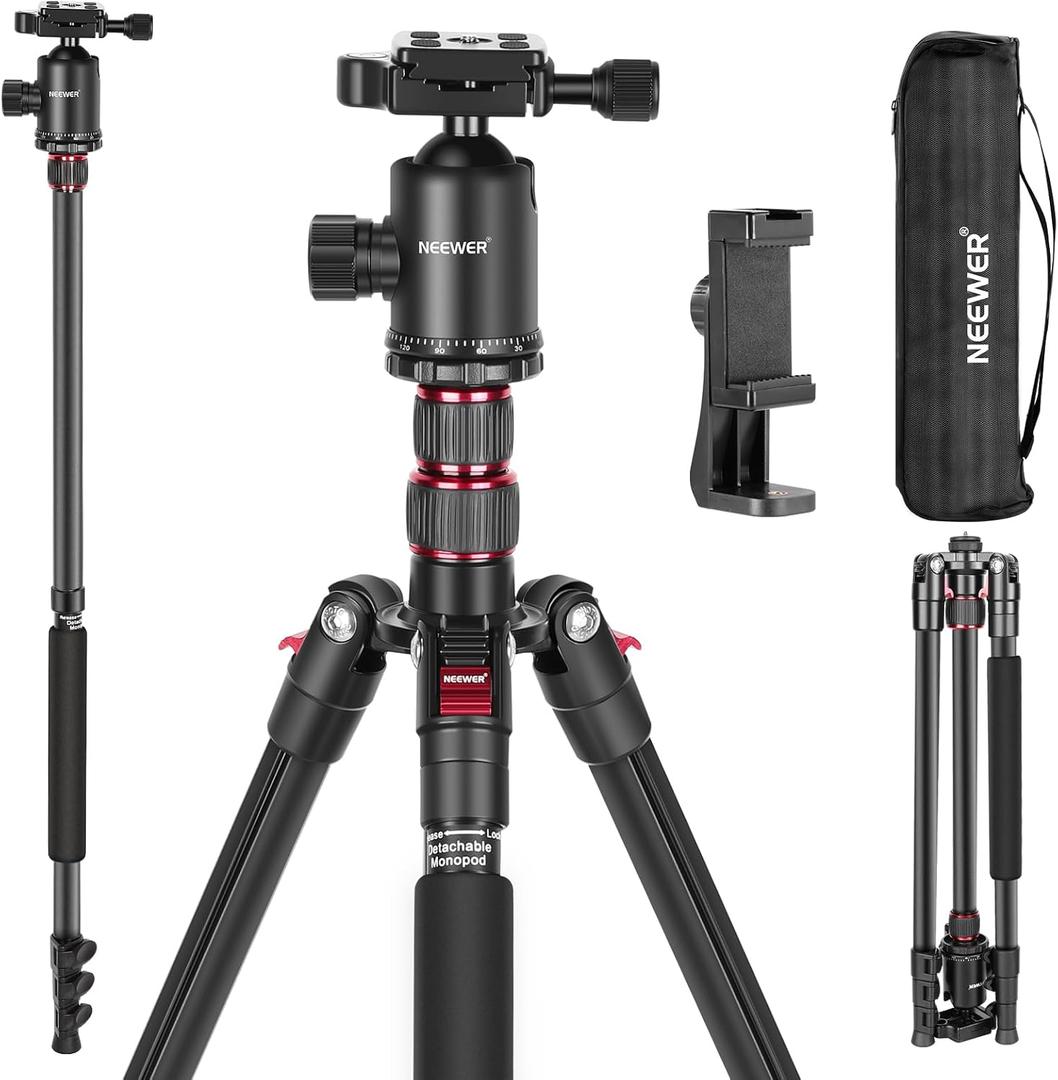 NEEWER 77 inch Camera Tripod Monopod for DSLR, Phone with 360 Panoramic Ball Head, 2 Axis Center Column, Arca Type QR Plate, Compact Aluminum Lightweight Travel Tripod 34lb Max Load, Bag Included
