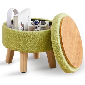 Wimarsbon Storage Ottoman, Modern Round Footrest with Soft Padded Seat, Teddy Velvet Footstool with Wood Legs, Accent Small Table or Plant Stand for Hallway, Living Room (Brilliant Green)