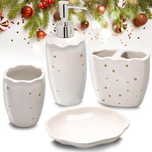 Christmas Bathroom Accessory Sets of 4, 100% Ceramic Bathroom Decorative Set, Hand Soap Dispenser Set, Soap Dish, Toothbrush Holder Set, Merry Christmas Perfect Christmas Decor Gift