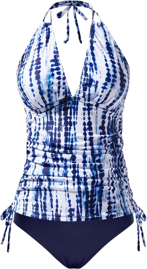 Two Piece Halter Tankini Swimsuits for Women Tummy Control Bathing Suits V Neck Swimwear (Medium, Blue Tie Dye)
