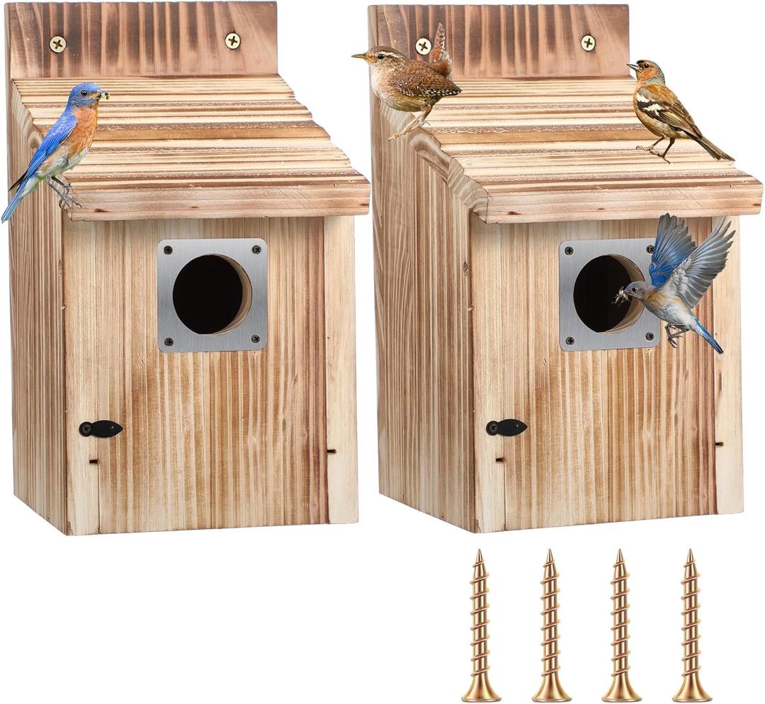 Dreyoo 2 Pack Cedar Bluebird Box Houses for Outside, 1-1/2 Entrance Hole Wooden Bird Houses with Metal Predator Guard, Secure Latch, Fledgling Grooves, Air Vents for Bluebird Wren Swallow Finch