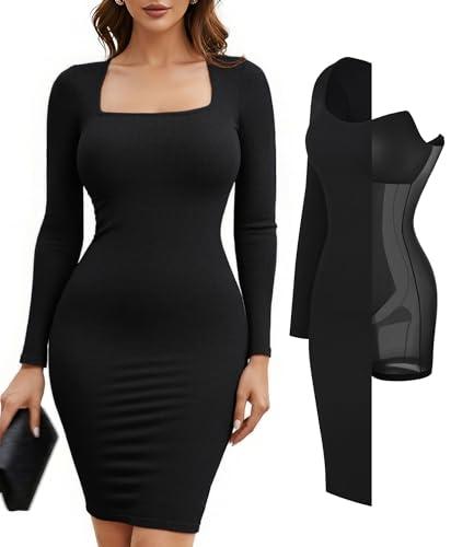 Popilush Dress Womens Long Sleeve Midi Bodycon Square Neck Dresses Shapewear Tummy Control Built-in Bra Party Going Out XXL