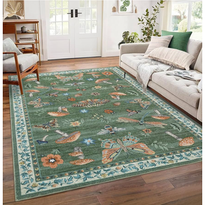 Mushroom Washable Rug 5x7 Area Rugs for Living Room, Insect Print for Bedroom, Non Slip Throw Rugs with Rubber Back, Soft Low Pile Dining Room Carpet for Under Table, Green