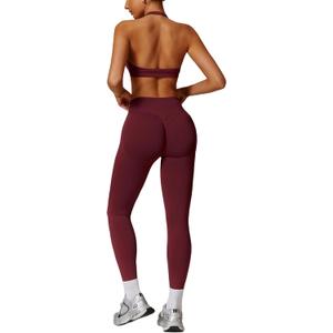 ABOCIW Workout Sets for Women Seamless Scunch Butt Lifting Impact Leggings Halter Sports Bra 2 Piece Gym Outfits (Small, Burgendy Red)