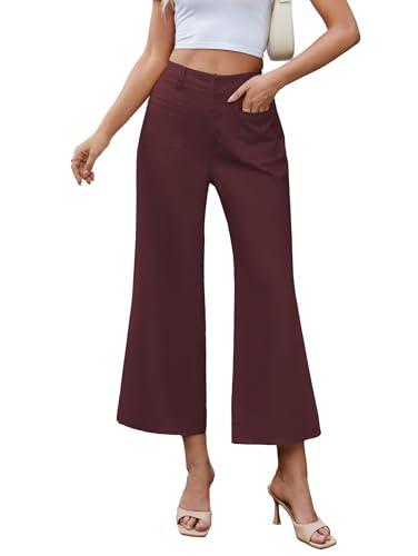 Famulily Womens Dress Pants High Waist Wide Leg Pants Button Down Dressy Work Capri Pants with Pockets Wine L