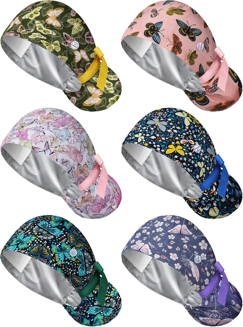 6 Pcs Satin Lined Scrub Caps Women Nurse Surgical Hat with Buttons Ponytail Working Adjustable Shower Caps Tie Back