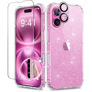 BERFY Compatible with iPhone 16 Case Glitter, [3 in 1] with Screen Protector + Camera Lens Protector, [Non-Yellowing] Clear Sparkle Slim Shockproof Hard Phone Cover for Women 6.1", Shiny Clear